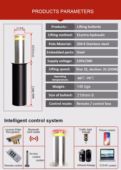 Factory Customized Road Block Car Parking Automatic Retractable Rising Bollard Light Outdoor